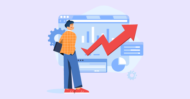 Illustration of a young man standing with a laptop, analyzing growth charts and data on a screen, symbolizing digital marketing and business analytics.