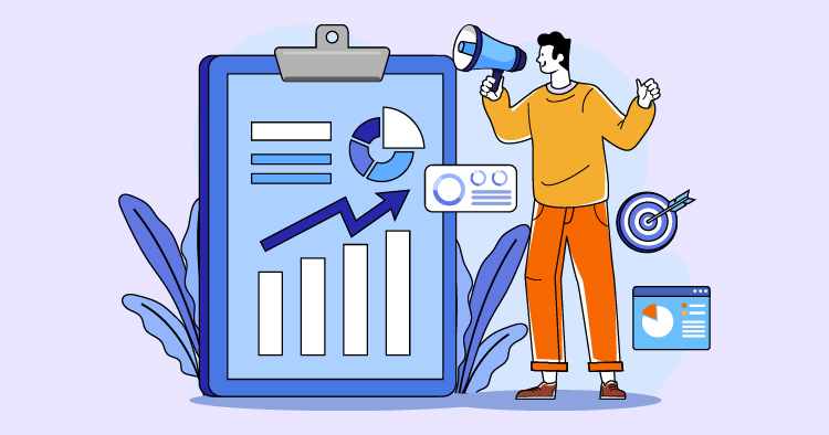 Illustration of a man holding a megaphone next to a clipboard with graphs and charts, representing data analysis and business growth strategies.