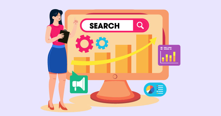 A woman stands beside a computer monitor displaying a search bar, gears, and rising bar graphs, symbolizing digital marketing and SEO growth strategies.