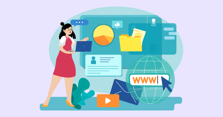 Illustration of a woman using a laptop, surrounded by digital marketing elements such as charts, folders, and a globe with a website link, representing online business and data analysis concepts.