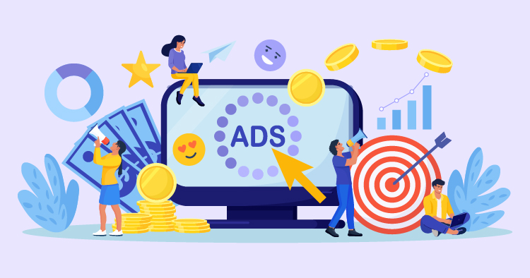 Illustration depicting digital advertising concepts, featuring a computer screen with "ADS" text, surrounded by people engaging in marketing activities, icons representing communication and finance, and symbols of analytics and target audience engagement.