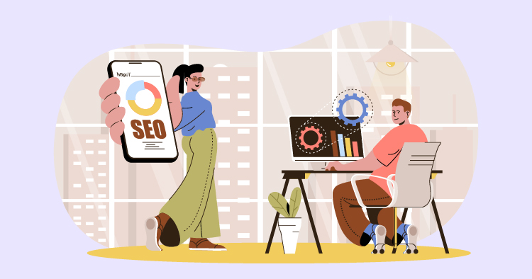 Illustration of two individuals in a modern office setting, one holding a smartphone displaying an SEO graphic, while the other is focused on a computer with SEO-related elements like gears and charts. The background features large windows with a cityscape view, emphasizing a professional atmosphere.