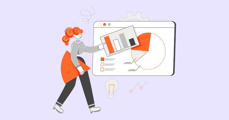 Illustration of a woman analyzing data with charts and graphs on a computer screen, symbolizing data visualization and analytics. The background features a light purple color, enhancing the focus on the figures and elements.
