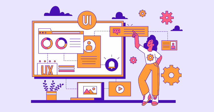 Illustration of a woman presenting a user interface (UI) design on a digital screen, featuring graphs, icons, and visual elements in vibrant colors. The background includes clouds and decorative elements, emphasizing a modern digital workspace.