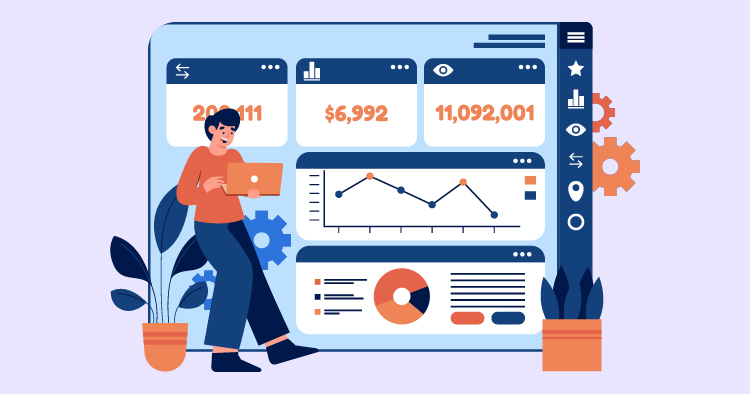 Person analyzing digital marketing metrics on a laptop, surrounded by graphs and statistics, including likes, views, and engagement data, in a modern workspace.