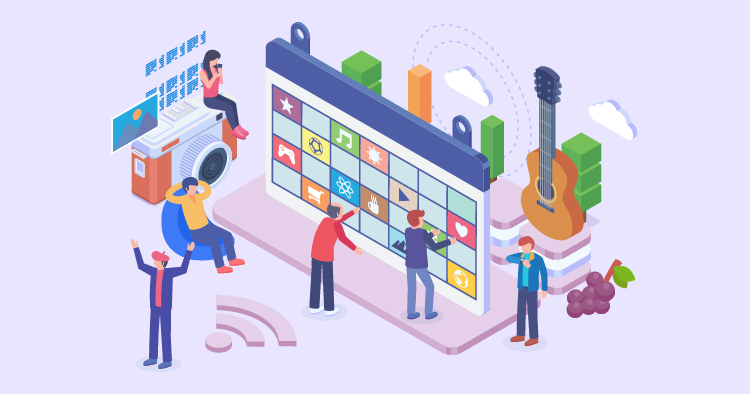 Illustration of a diverse group of people interacting with a digital content calendar, featuring icons for music, photography, and social media. The scene includes a guitar, a camera, and graphical elements representing data analysis, emphasizing creativity and collaboration in content creation and management.