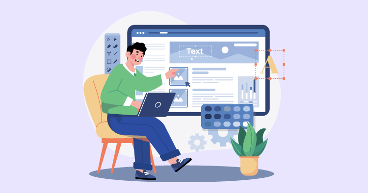 A man sitting in an armchair, working on a laptop while analyzing a website design on a large screen, with digital tools and a potted plant nearby, illustrating remote work and web development concepts.