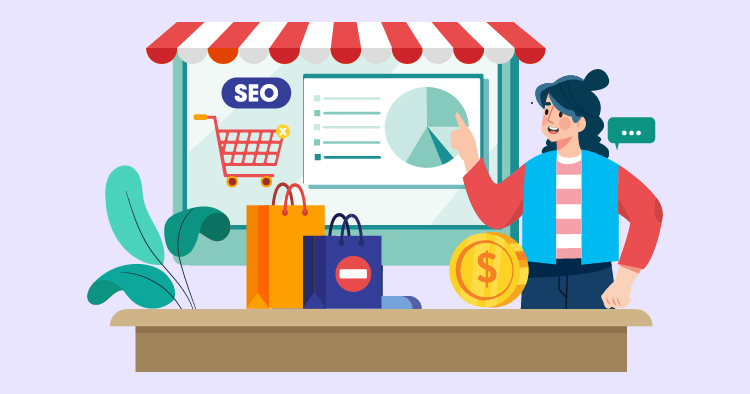 Illustration of a person analyzing SEO metrics in an online shopping environment, with shopping bags and a dollar coin on the table, showcasing e-commerce growth and digital marketing strategies.