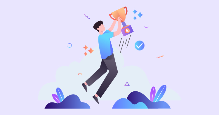 Person celebrating success by lifting a trophy, surrounded by colorful stars and check marks, symbolizing achievement and motivation in a vibrant, illustrated style.