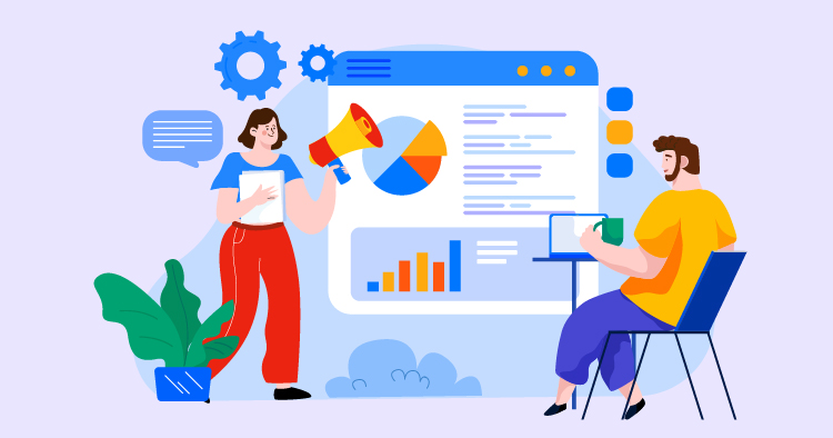 A woman with a megaphone presents data visualizations on a screen to a man sitting at a desk with a laptop and a coffee cup, illustrating teamwork and digital marketing concepts.