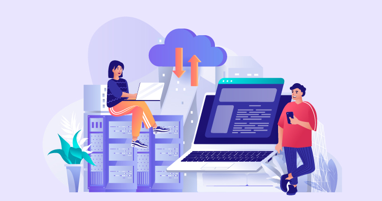 Digital illustration depicting cloud computing concepts, featuring a woman working on a laptop, surrounded by server racks and cloud icons, symbolizing data storage and technology integration.