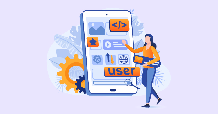 Illustration of a woman interacting with a smartphone displaying user interface elements, including icons for images, coding, and navigation. The background features gears and leaves, symbolizing technology and innovation in user experience design.