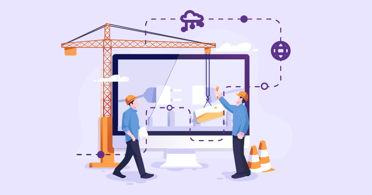 Illustration of two construction workers in hard hats collaborating on a digital construction project, with a crane and construction elements in the background, symbolizing the integration of technology in building and design processes.