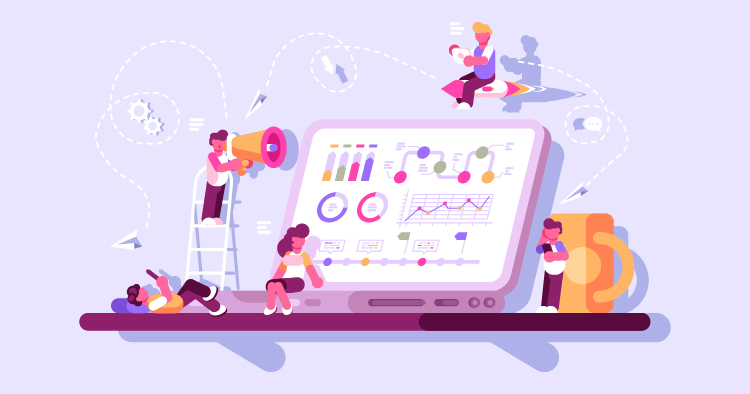 Illustration of digital marketing analysis, featuring diverse characters engaging with graphs and charts on a laptop screen. The scene includes individuals using megaphones, smartphones, and a ladder, symbolizing teamwork and communication in data-driven marketing strategies.