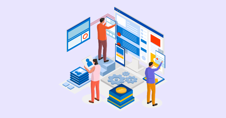 Illustration of a diverse team of professionals working on web development and design, featuring screens displaying user interfaces, graphs, and data visualization elements. The scene emphasizes collaboration and technology in a modern workspace.