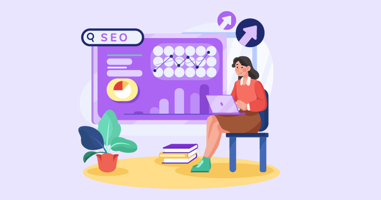 Illustration of a woman sitting at a desk with a laptop, analyzing SEO data on a screen. The background features graphs and metrics, with books and a plant nearby, emphasizing digital marketing and analytics.