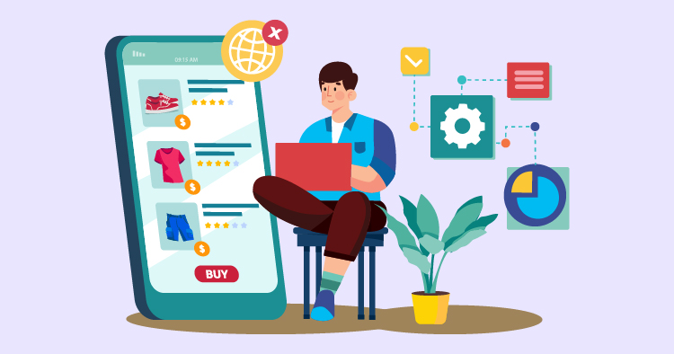 Person shopping online on a laptop, surrounded by e-commerce icons and a plant, illustrating the concept of digital shopping and online retail.