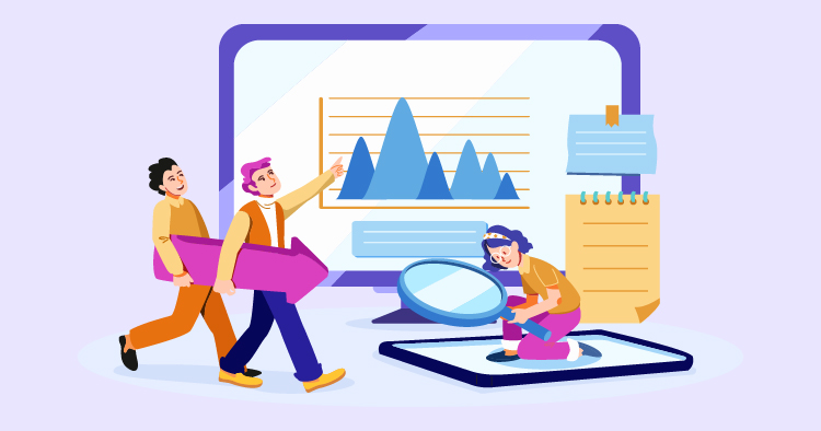 Illustration of a business team analyzing data, featuring a woman examining graphs on a digital screen while a man points to data trends, highlighting collaboration and data-driven decision-making in a modern workplace.