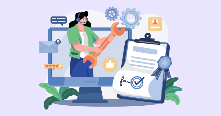 Illustration of a woman using a wrench in front of a computer screen, symbolizing technical support and customer service, with gears and feedback icons in the background.