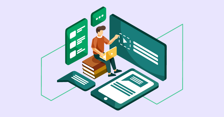 Person working on a laptop surrounded by digital devices, including a smartphone and a large screen displaying content, symbolizing online learning and content creation.