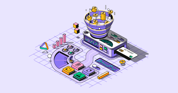 Illustration of a digital marketing funnel with various graphical elements, including charts, buttons, and a credit card, representing data analysis and customer engagement strategies in a colorful, modern design.