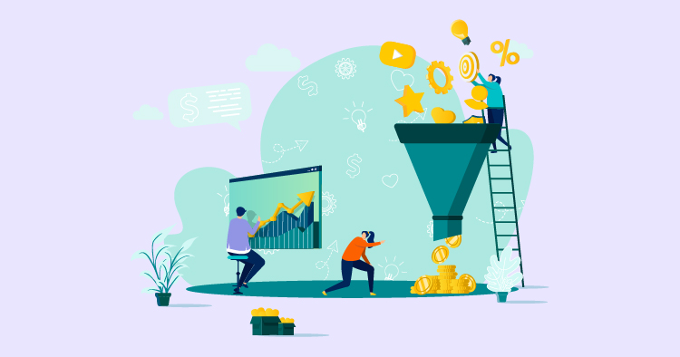 Illustration of a marketing funnel concept, featuring individuals analyzing data on a graph, collecting ideas and coins, and using various symbols like light bulbs and gears, symbolizing creativity and strategy in digital marketing.