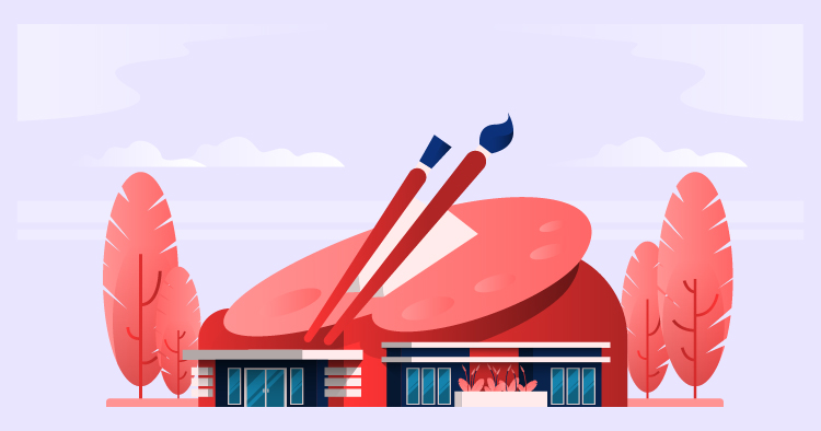 Illustration of a modern cultural center with a large drum-shaped roof and paintbrushes, surrounded by stylized trees, set against a light purple background. This image represents artistic and musical events and activities.