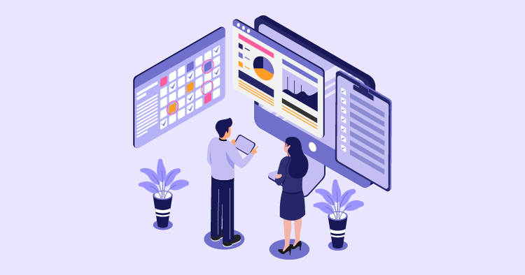 Two professionals discussing data analysis in front of large computer screens displaying charts and graphs, with plants in the foreground.