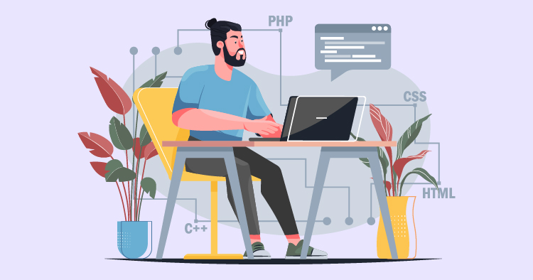 Young man coding on a laptop at a desk surrounded by plants, with programming languages PHP, CSS, HTML, and C++ illustrated in the background.