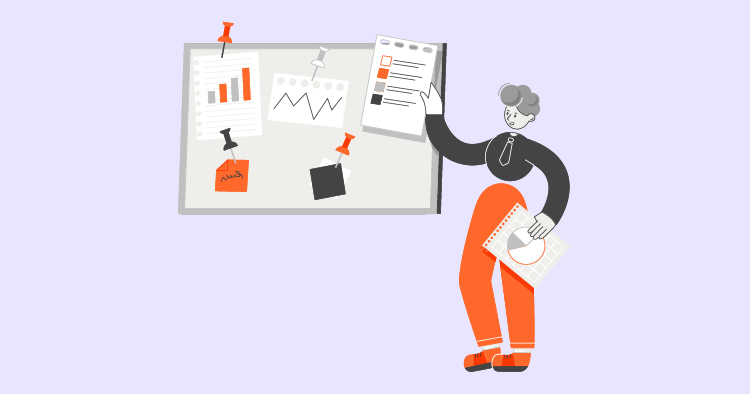 Illustration of a person standing next to a bulletin board filled with charts, graphs, and notes, holding a report and a clipboard. The individual is dressed in a black shirt and orange pants, emphasizing a professional setting focused on data analysis and project management.
