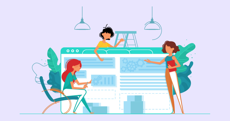 Illustration of three women collaborating on a website design project, with one on a ladder making adjustments, while the others discuss ideas and analyze data on a computer screen, surrounded by plants and modern office elements.