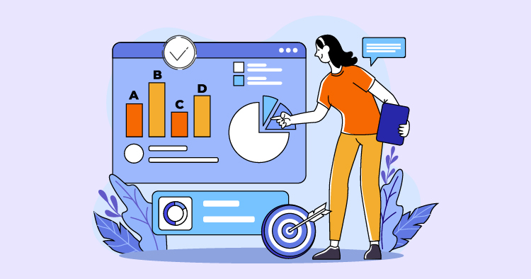 Illustration of a person analyzing data on a digital dashboard, featuring bar graphs and pie charts, with a focus on performance metrics and goal setting, set against a light purple background.