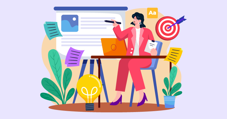 Illustration of a woman in a pink suit sitting at a desk, engaging in a creative brainstorming session. She is holding a notepad and pointing to a presentation board with a light bulb and various notes around her, symbolizing idea generation and planning.