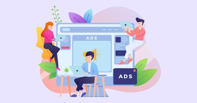 Illustration of three digital marketers working on advertisements, with one person on a laptop and two others using tablets, set against a colorful background featuring leaves and a large screen displaying the word "ADS."