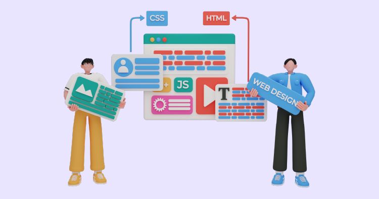 Two cartoon characters representing web developers stand on either side of a computer screen displaying code snippets. One character holds a sign labeled "HTML" and another labeled "CSS," while the screen features elements like JavaScript and web design tools. The background is a soft purple, emphasizing the theme of web development.