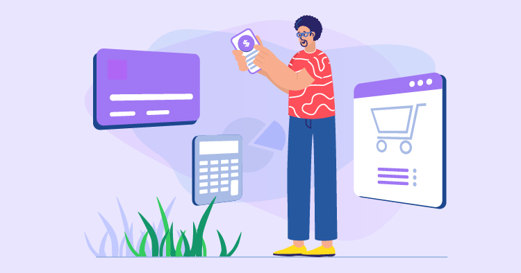 A person using a smartphone to manage online shopping and payments, surrounded by digital payment icons and a shopping cart, illustrating e-commerce and financial technology concepts.