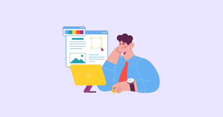 Illustration of a young man sitting at a desk, working on a computer with a colorful user interface, focused on graphic design or website creation. The scene depicts creativity and productivity in a modern workspace.