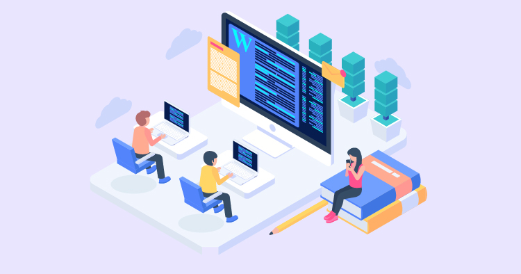 Illustration of a modern workspace featuring three individuals working on computers, coding, and collaborating, with a large monitor displaying code in the background and stacks of data storage.