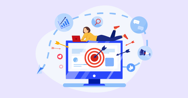 Illustration of a person using a laptop while lying on a large computer screen, surrounded by digital marketing icons like graphs, search magnifying glass, and social media symbols, representing online marketing strategies and target audience engagement.