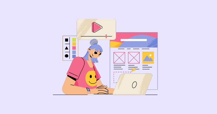 Illustration of a young woman with blue hair working on a laptop, surrounded by design elements such as color palettes and layout templates, symbolizing digital content creation and graphic design.