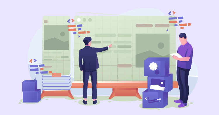 Two professionals collaborating on a web design project, with one pointing at a large display board featuring code snippets and layout designs, while the other reviews notes. Stacks of boxes and design elements are visible in the foreground, emphasizing a creative workspace.