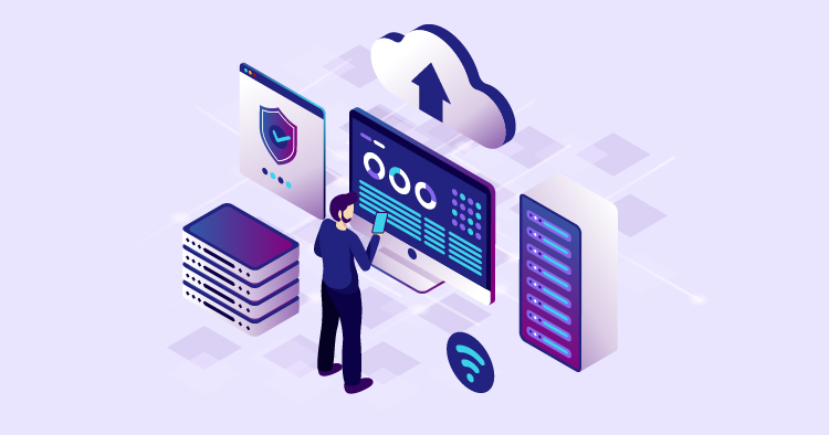 Illustration of a person interacting with a computer screen displaying data analytics, surrounded by cloud storage icons, security shields, and server racks, representing data management and cybersecurity concepts.