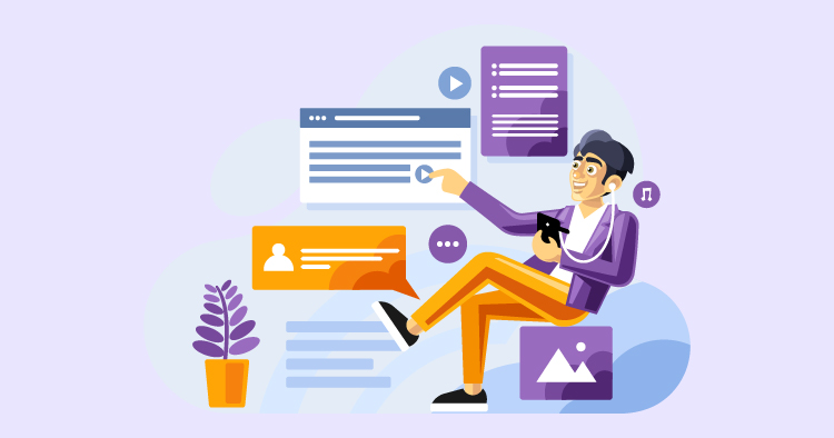 Illustration of a young man sitting comfortably while engaging with digital content on his smartphone, surrounded by various media icons and messages, symbolizing online communication and multimedia interaction.