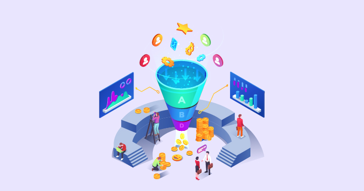 Illustration of a marketing funnel with diverse individuals analyzing data and interacting with digital screens, symbolizing customer acquisition and conversion strategies.