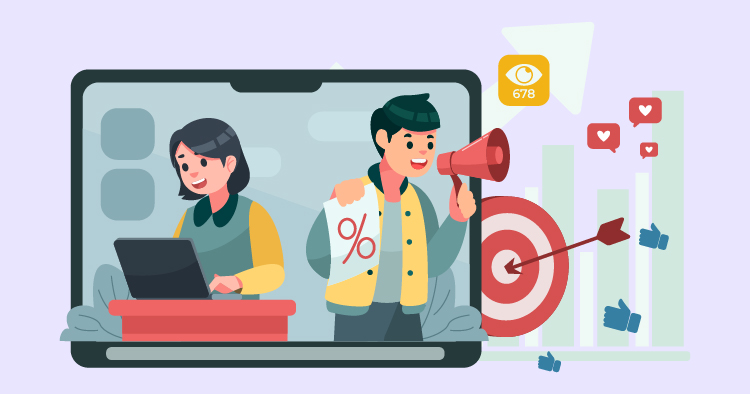 Illustration of two digital marketers, one working on a laptop and the other holding a megaphone with a percentage sign, emphasizing online marketing strategies. Background features social media engagement icons and a target graph, representing growth and analytics in digital marketing.
