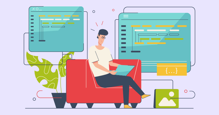 A person sitting on a red couch, focused on a tablet, surrounded by computer screens displaying code and a plant in a pot, illustrating the concept of remote work and programming.