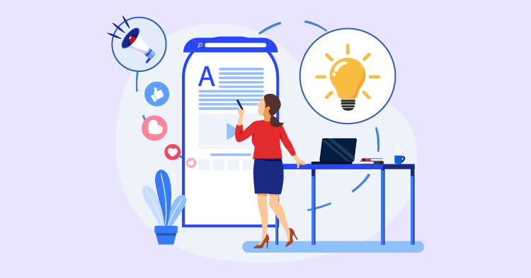 Illustration of a woman standing at a desk, writing on a digital screen with a light bulb icon, surrounded by social media symbols and a plant, representing creativity and content creation in a modern workspace.