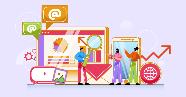 Illustration of three diverse individuals collaborating on digital marketing strategies, surrounded by icons representing email, growth analytics, and multimedia content, emphasizing online engagement and technology.