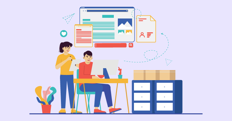 Two people collaborating at a desk with a computer, tablet, and documents, surrounded by plants and storage boxes, representing teamwork and digital marketing.