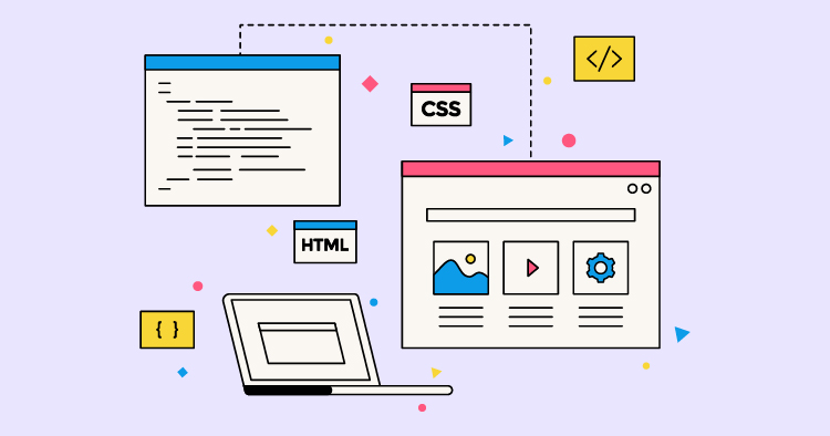 Illustration depicting web development concepts with a laptop, HTML and CSS code snippets, and a webpage layout featuring images and settings icons. The design emphasizes the relationship between coding and website creation.